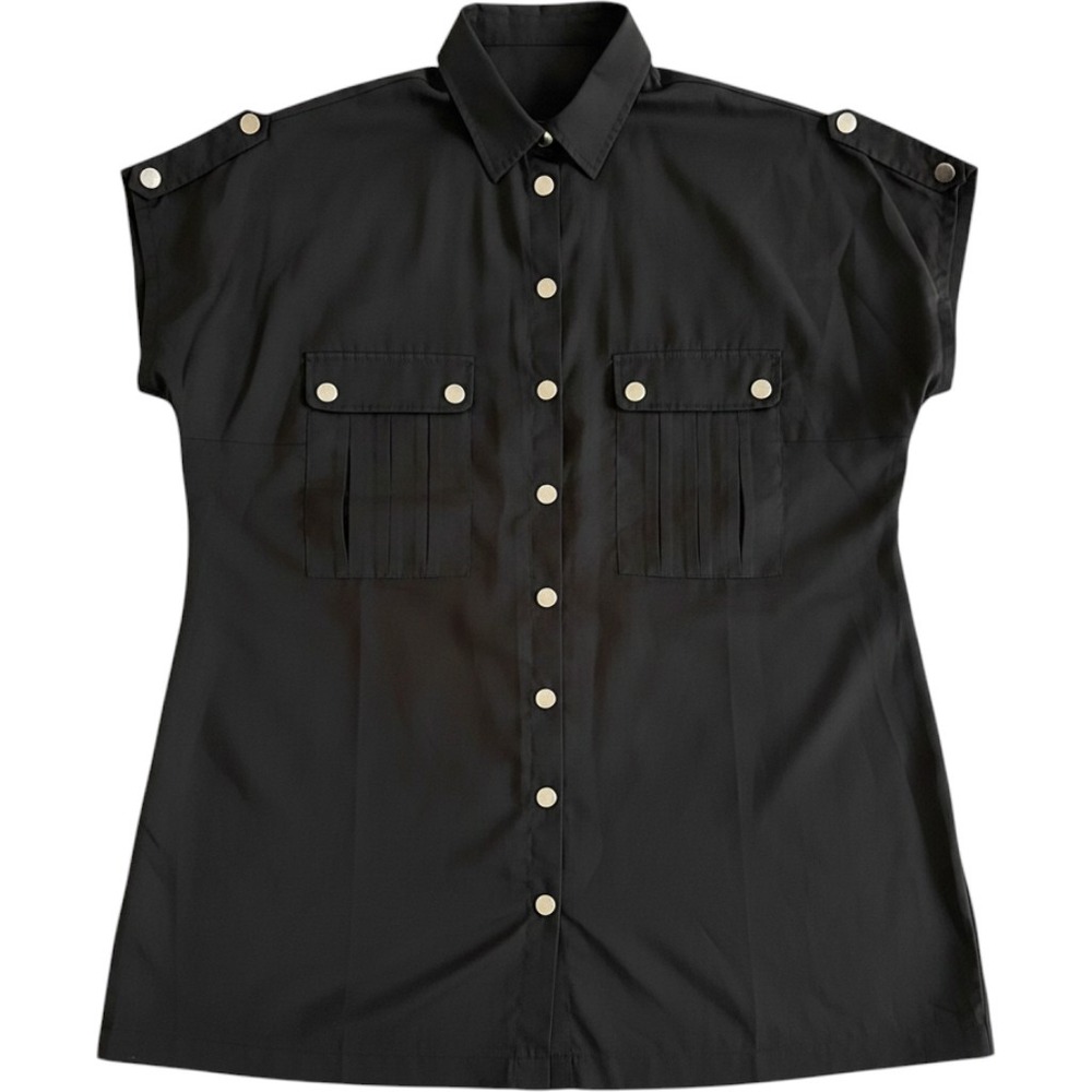 Carmen Marc Valvo Resort Wear Black Cap Sleeve Button Down Top XL C27853